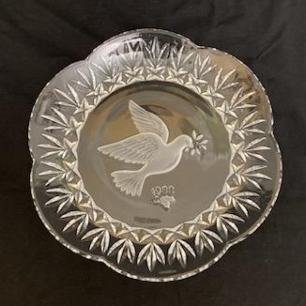 Vtg Gorham Clear Crystal Plate Peace Dove Bird‎ Christmas 1988 Holiday